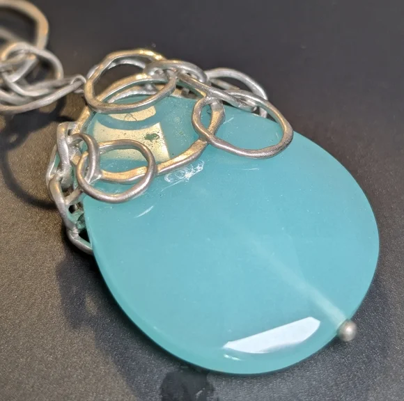 Lia Sophia Aqua Glass Pendant Necklace Silver Statement Coastal Quiet Luxury - Picture 6 of 9